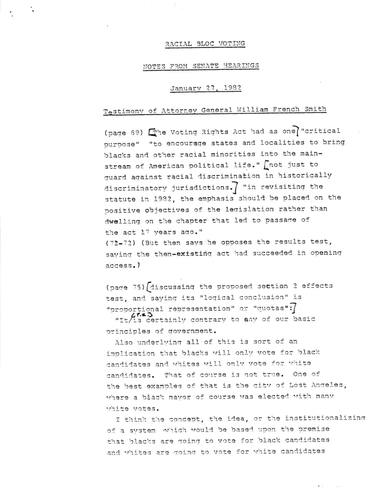 Racial Bloc Voting Notes From Senate Hearings (Testimony and Prepared Statements) preview