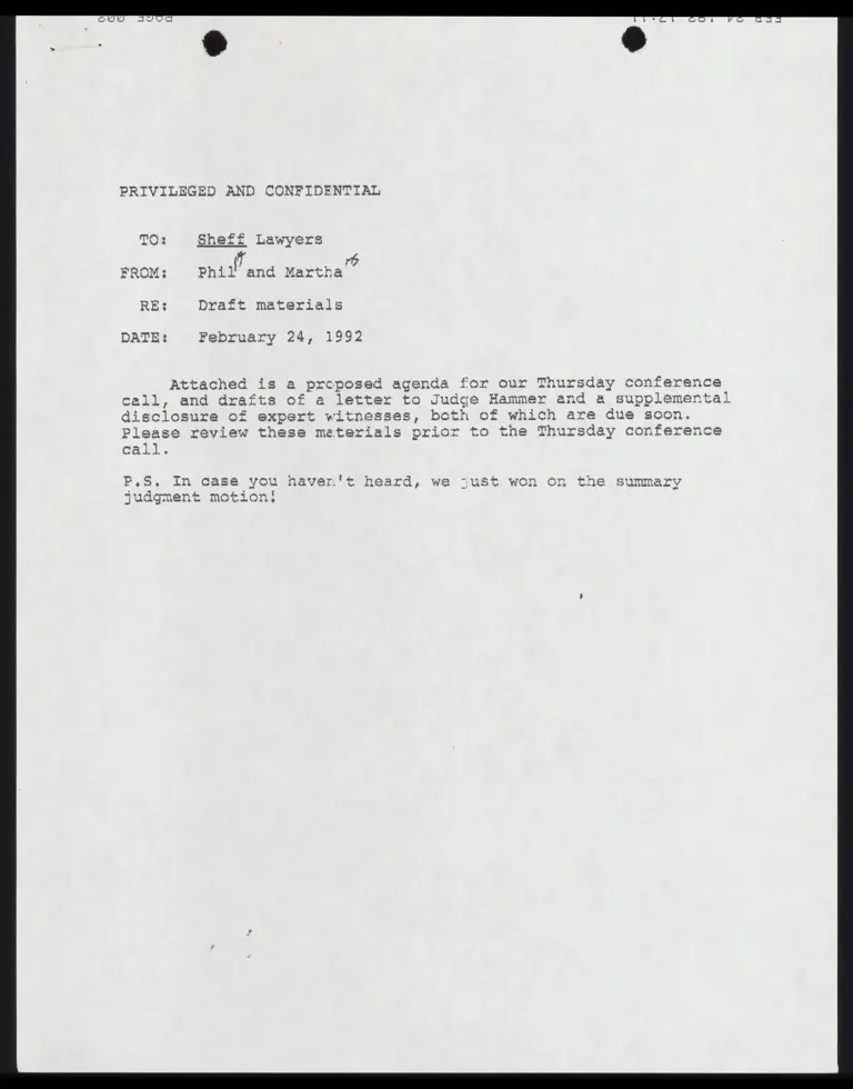 Correspondence from Stone and Martha to Counsel Re: Draft Materials preview