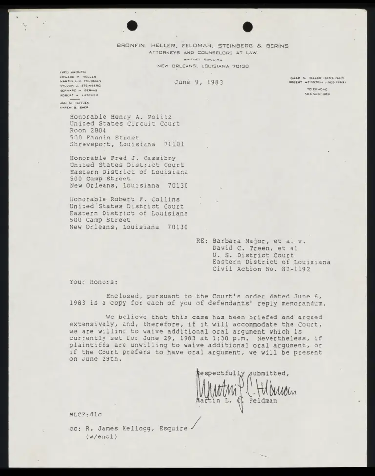 Correspondence from Feldman to Judges Politz, Cassibry, Collins; Defendants' Reply Memorandum preview