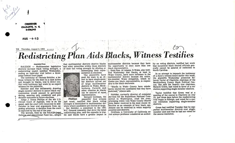 Redistricting Plain Aids Blacks, Witness Testifies (Charlotte Observer) preview