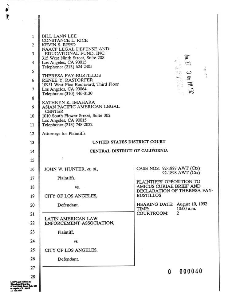Hunter v. City of Los Angeles Plaintiffs' Opposition to Amicus Curiae Brief and Declaration of Theresa Fay-Bustillos preview