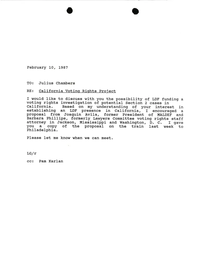 Correspondence from Lani Guinier to Julius Chambers Re California Voting Rights Project preview