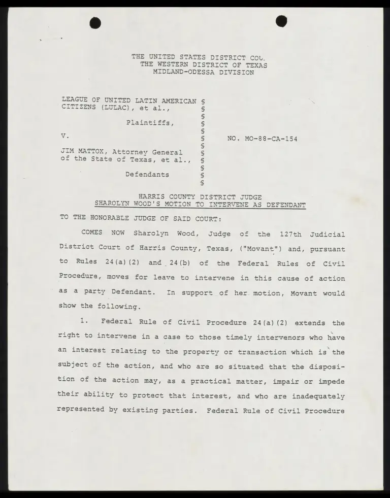 Harris County District Judge Sharolyn Wood's Motion to Intervene as Defendant preview