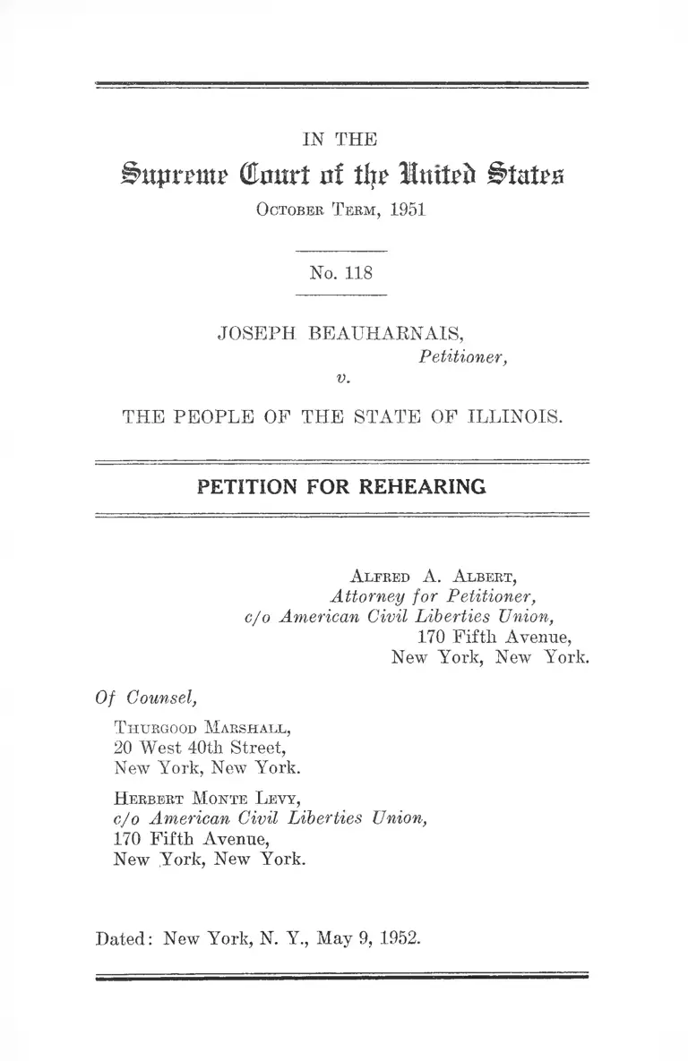 Beauharnais v. The People of the State of Illinois Petition for Rehearing preview