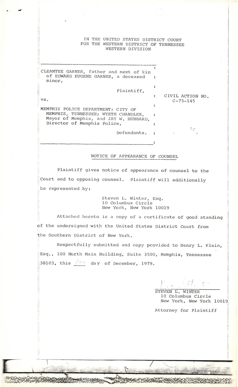 Notice of Appearance Counsel for Steven L. Winter preview