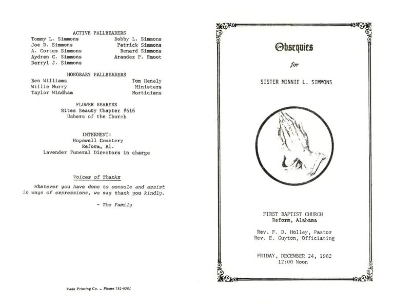 Obsequies for Sister Minnie L. Simmons; Envelope preview
