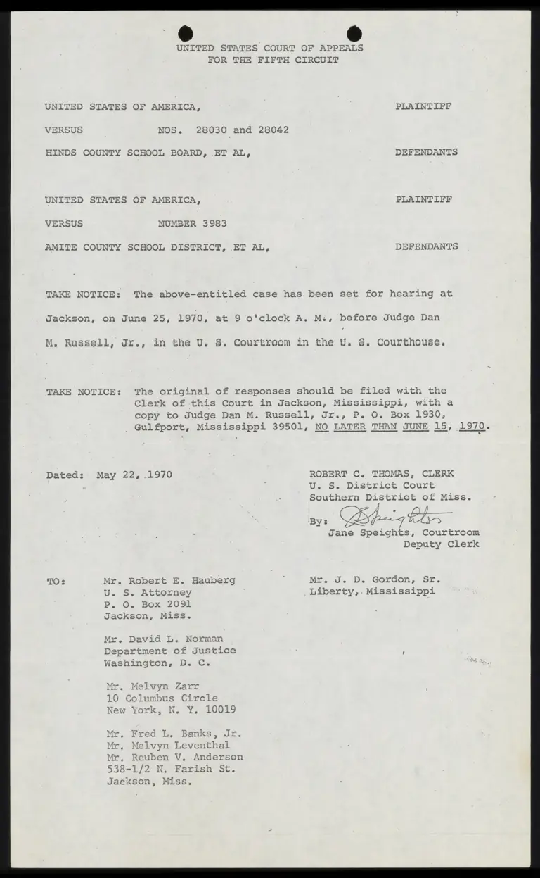 United States v. Amite County Notice to Set Hearing and File Response preview