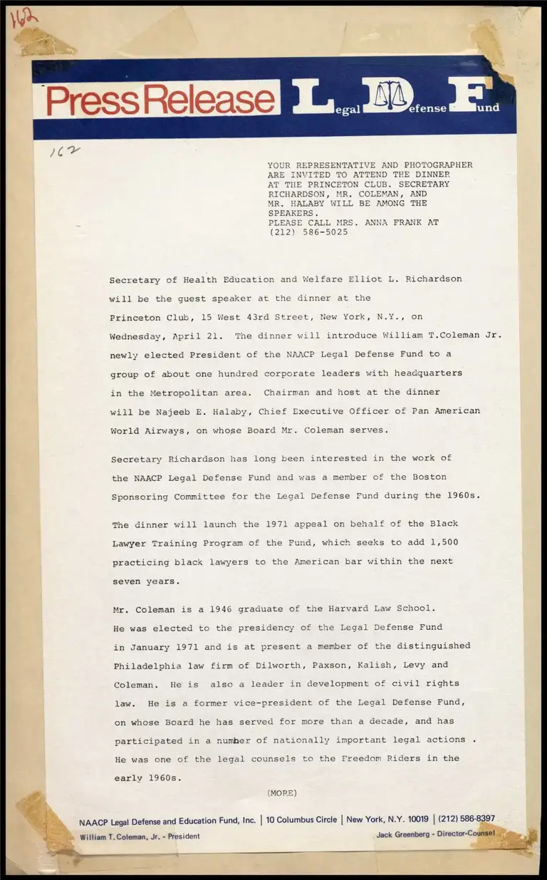 Dinner to Announce New LDF President William T. Coleman Jr. and Launch the 1971 Appeal of the Black Lawyer Training Program preview