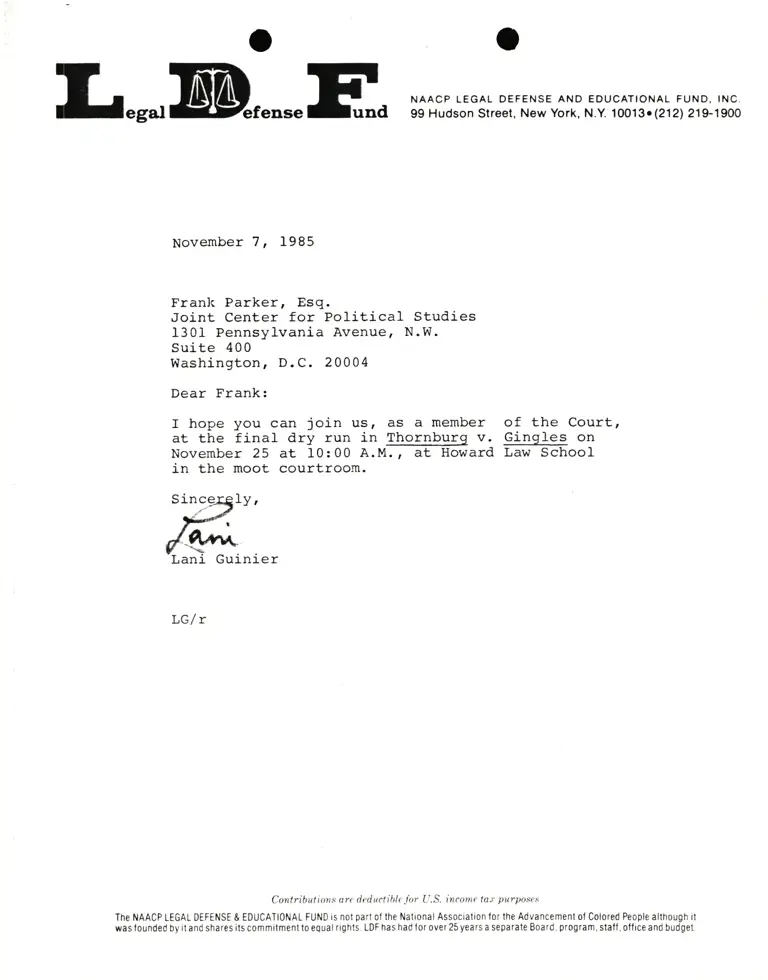 Correspondence from Lani Guinier to Frank Parker, Esq. Re Thornburg v. Gingles preview