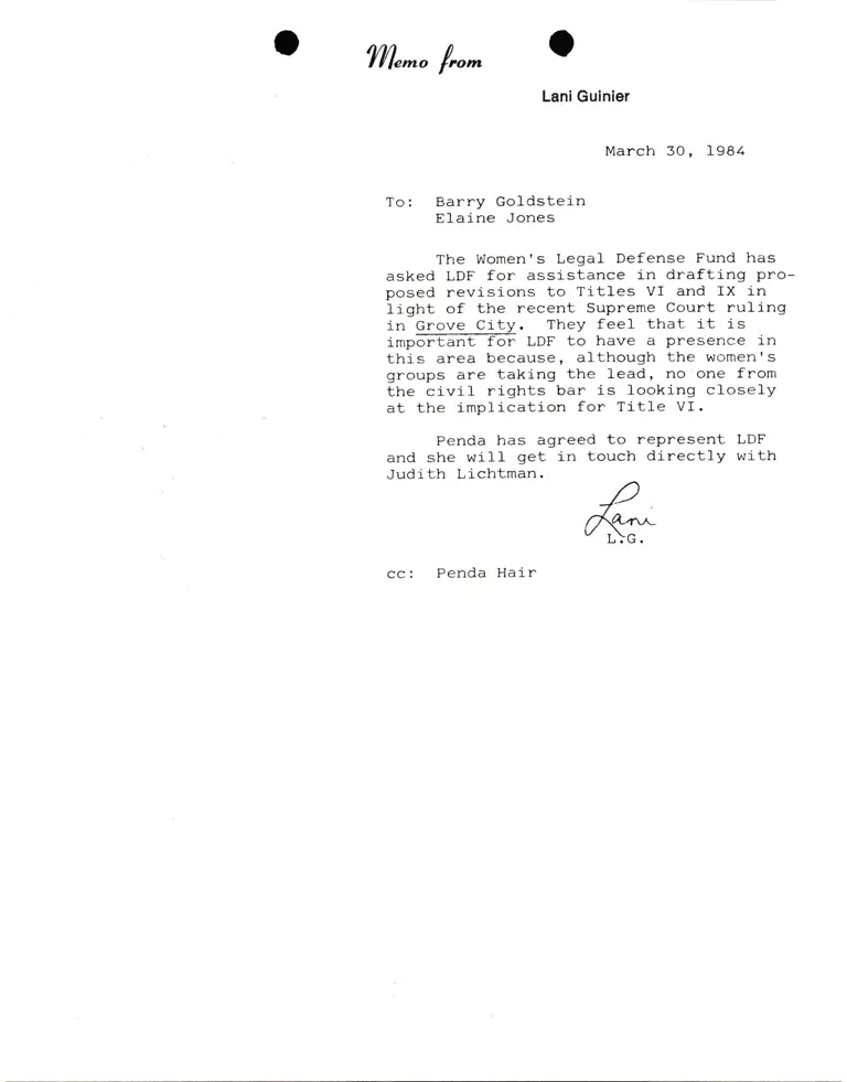 Memo from Lani Guinier to Barry Goldstein and Elaine Jones RE: Revisions to Titles VI and IX preview