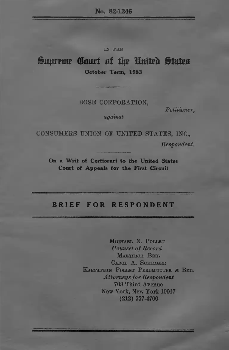 Bose Corporation v. Consumers Union of United State Brief for Respondents preview