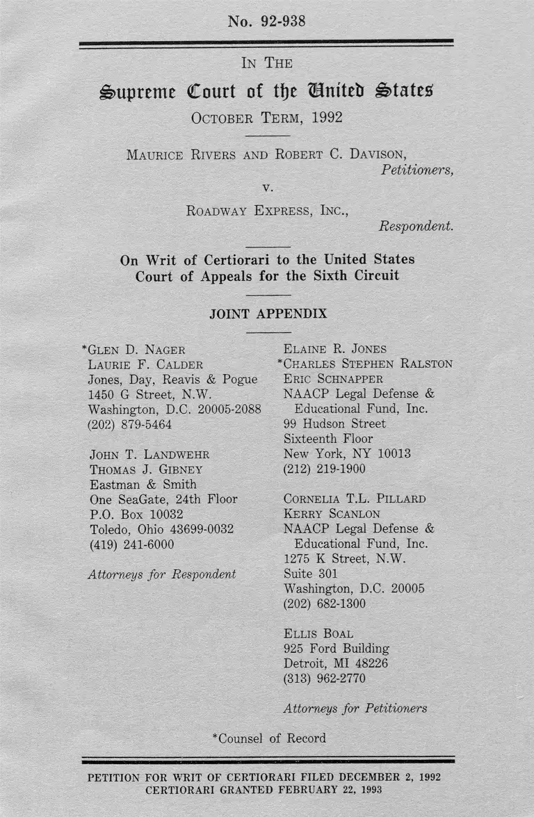 Rivers v Roadway Express Writ of Certiorari Joint Appendix preview
