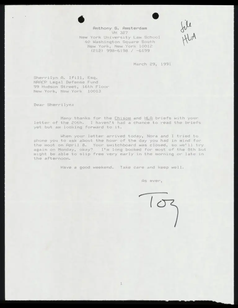 Correspondence from Amsterdam to Ifill Re: Chisom and HLA Briefs preview