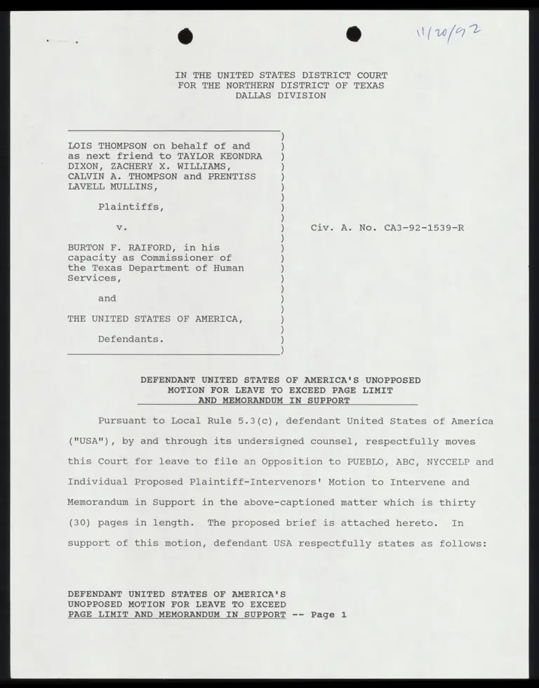 Defendant USA's Unopposed Motion for Leave to Exceed Page Limit and Memo in Support with Certificate of Service and Conference preview
