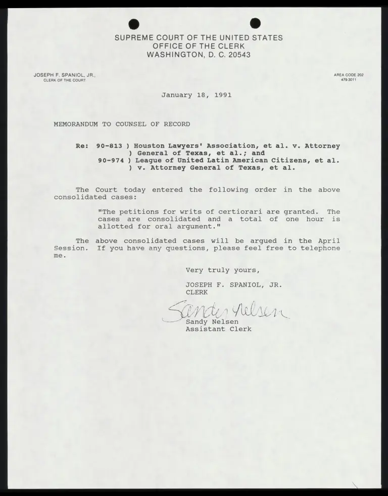 Correspondence from Clerk to Counsel Re: Certiorari Granted preview