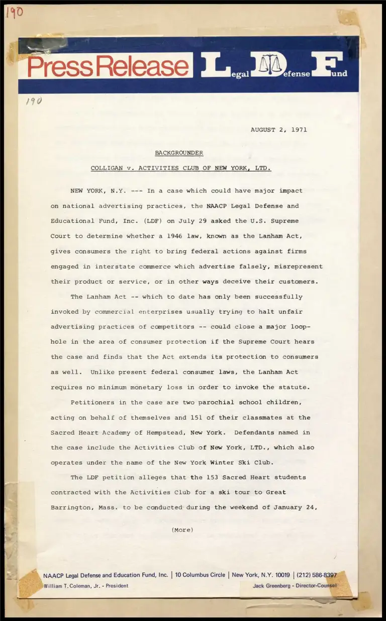Backgrounder on Colligan v. Activities Club of New York, Ltd. preview