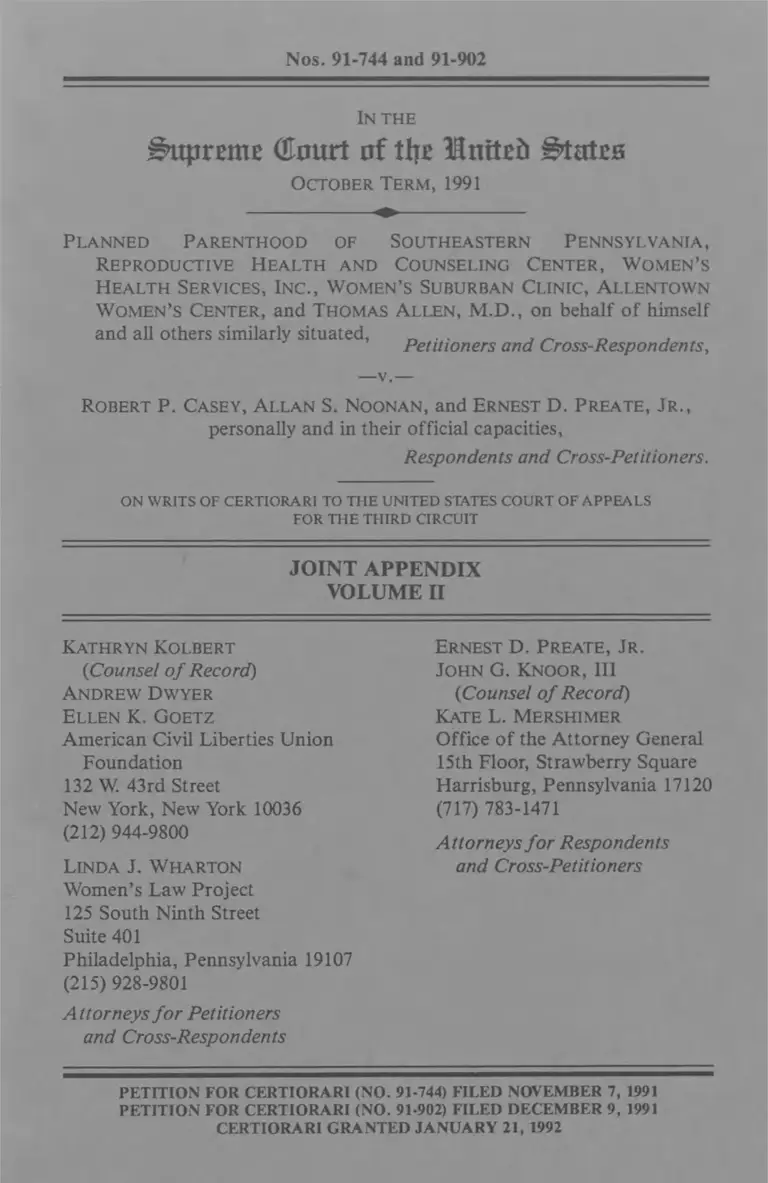 Planned Parenthood of Southeastern Pennsylvania v. Casey Joint Appendix Vol. 2 preview
