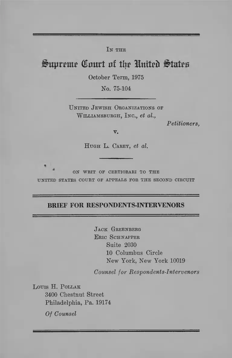 United Jewish Organizations of Williamsburg Inc. v. Carey Brief for Respondents-Intervenors preview