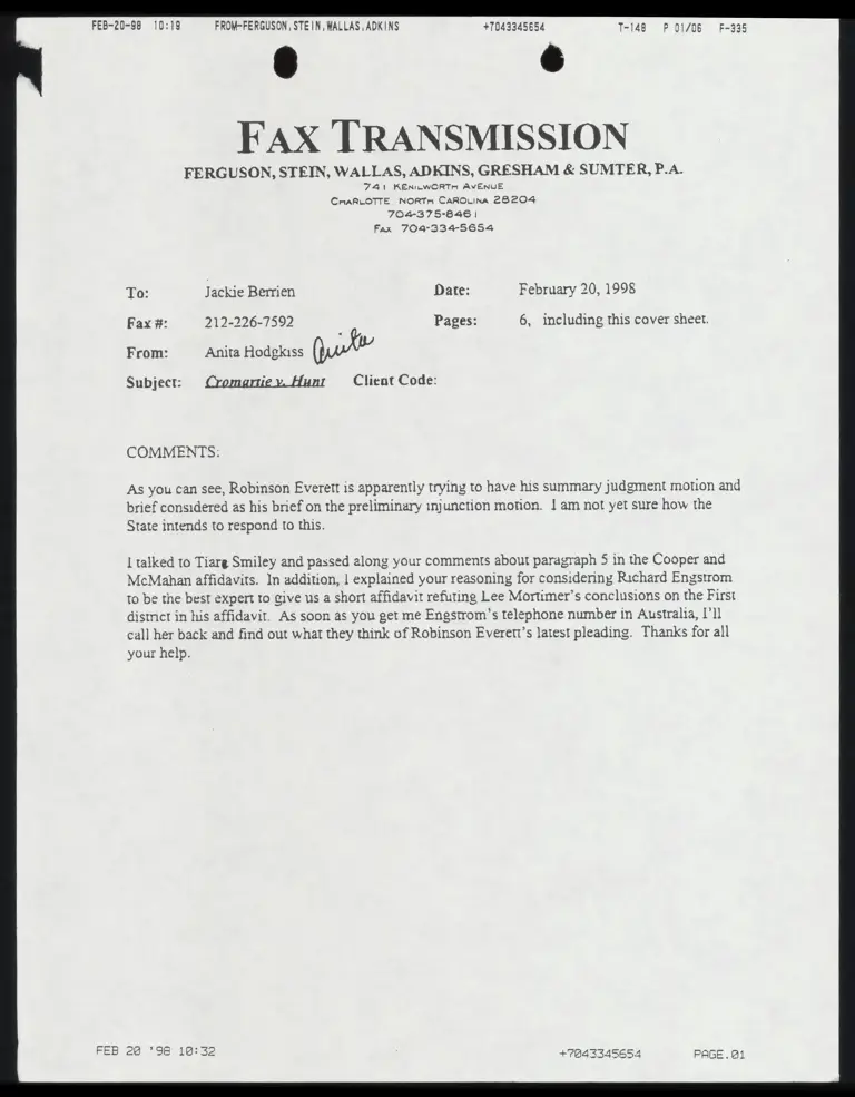 Fax to Berrien from Hodgkiss RE: Conversation With Smiley preview