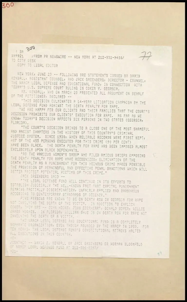 Kendall and Greenberg Statements on Coker v. Georgia Ruling preview