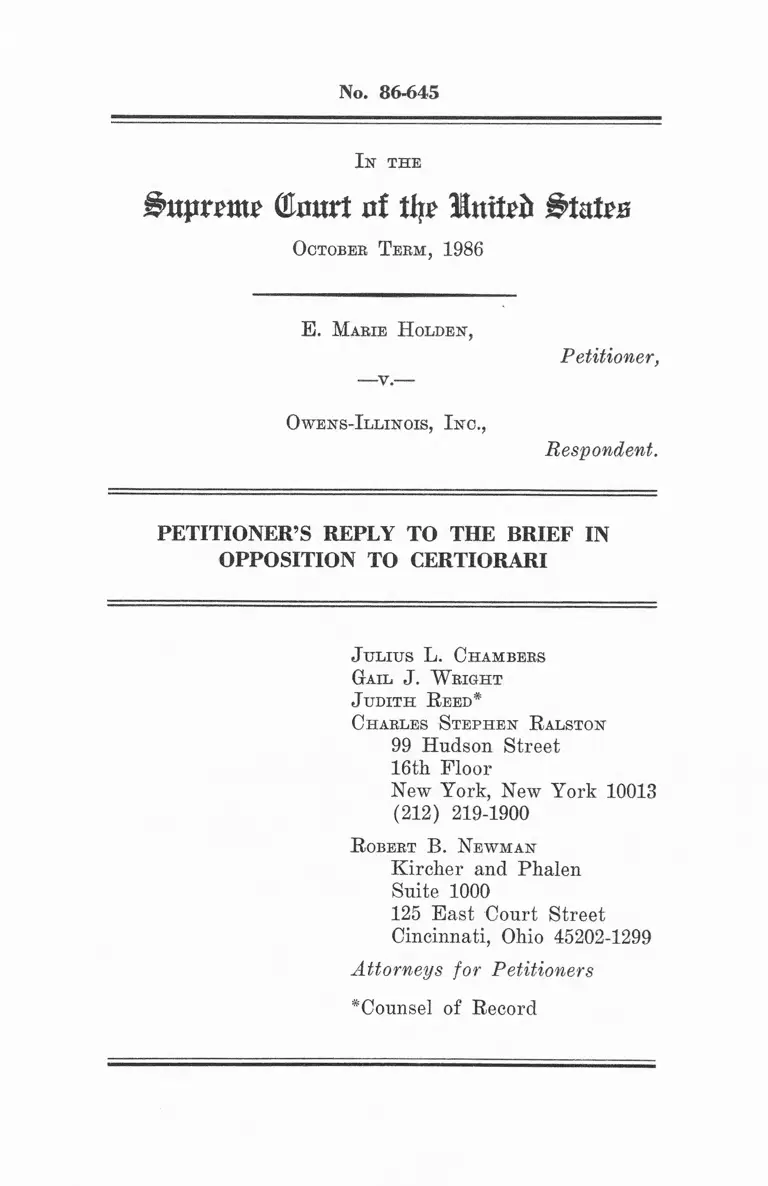 Holden v. Owens-Illinois, Inc. Petitioner's Reply to the Brief in Opposition to Certiorari preview