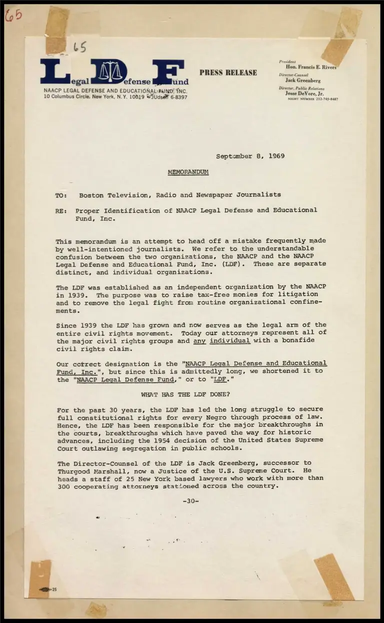 Memorandum Re: Proper Identification of the NAACP Legal Defense and Educational Fund, Inc. preview