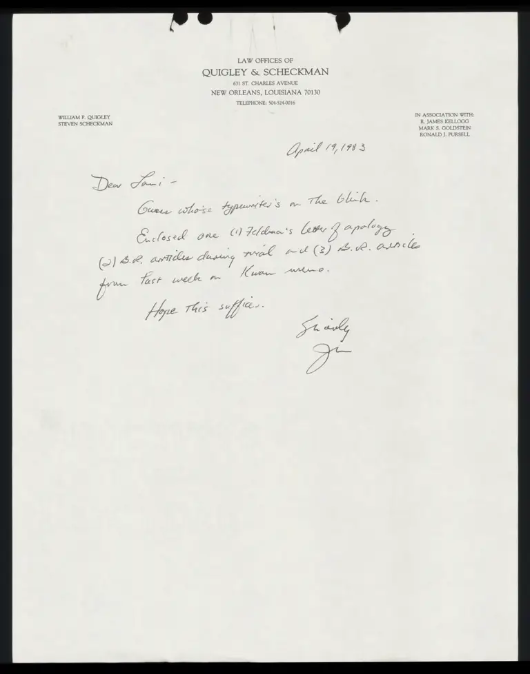 Correspondence from Kellogg to Guinier; Assorted News Clippings on Major v. Treen preview