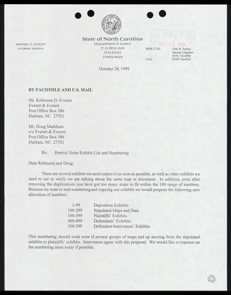 Fax from Smiley to opposing counsel RE: Pretrial order exhibit list and numbering preview
