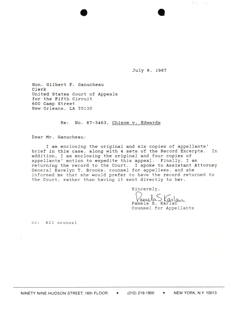 Correspondence from Pamela Karlan to Gilbert Ganucheau (Clerk) Re: Chisom v. Edwards preview