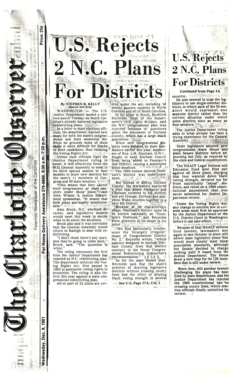 U.S. Rejects 2 N.C. Plans for Districts (The Charlotte Observer) preview