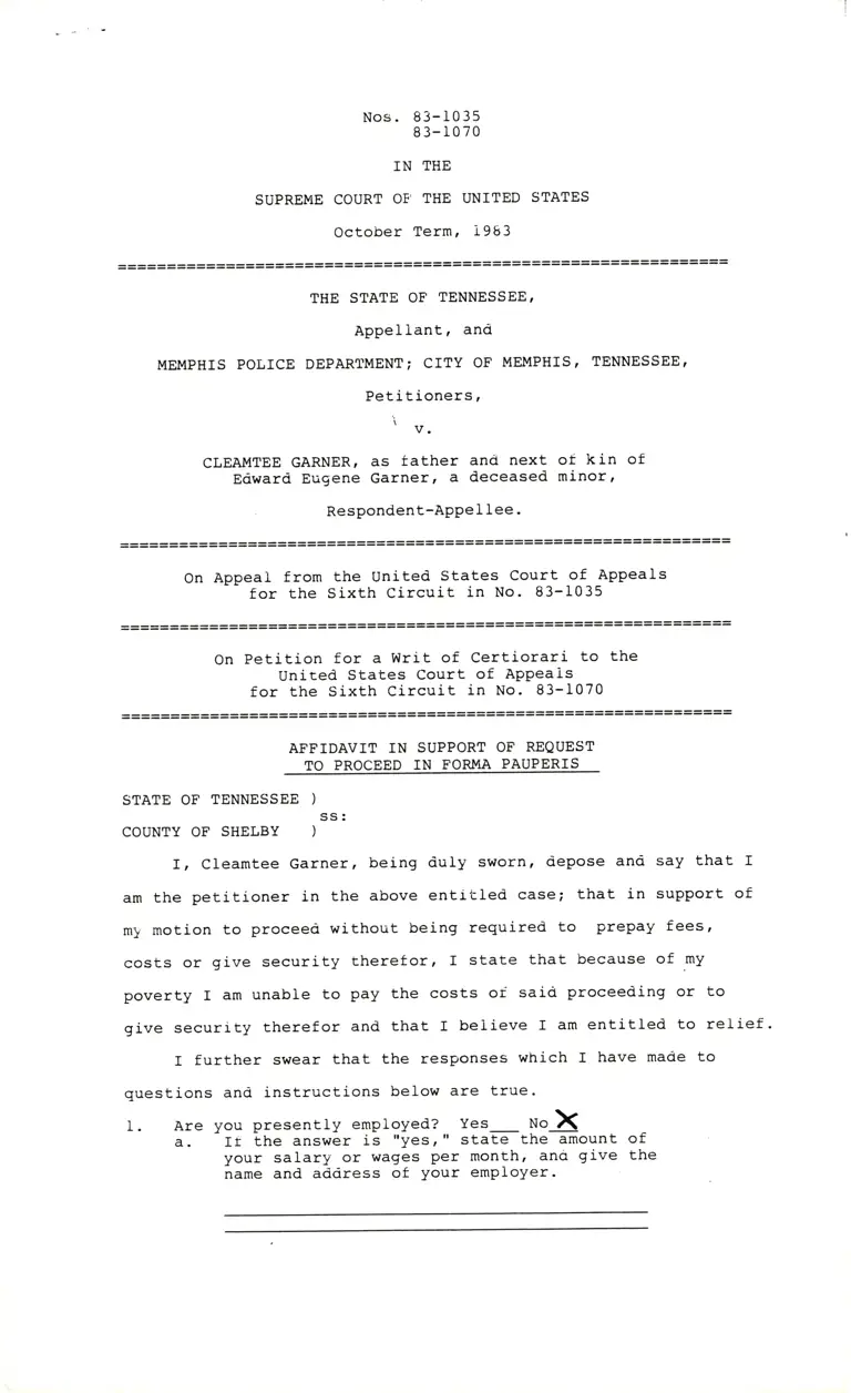 Affidavit of Cleamtee Garner in Support of Request to Proceed in Forma Pauperis preview