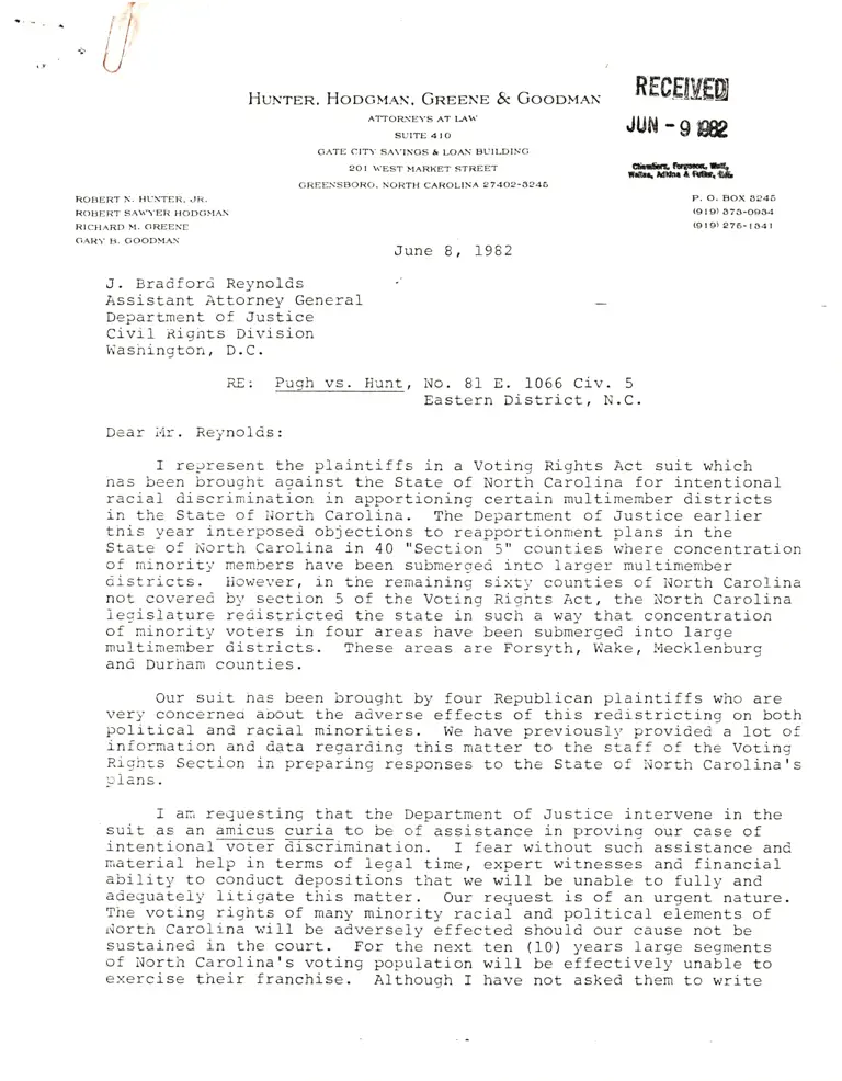 Correspondence from Hunter to Bradford Reynolds; Envelope to Guinier preview