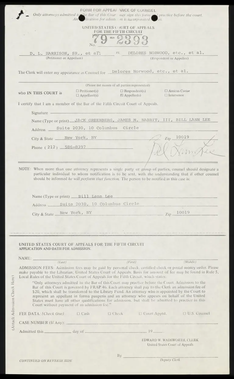 Form for Appearance of Counsel of Greenberg, Nabrit, and Lee preview