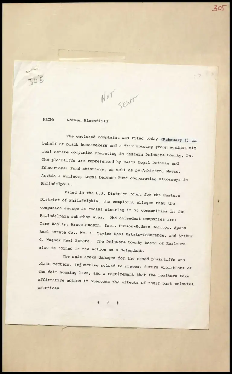 Complaint Filed Against Eastern Delaware County, Pa. Real Estate Agencies; Annotated Press Release on Real Estate Co. Complaint preview