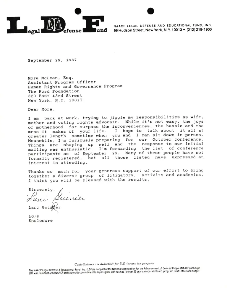 Correspondence from Lani Guinier to Mora McLean, Esq. (Ford Foundation) preview