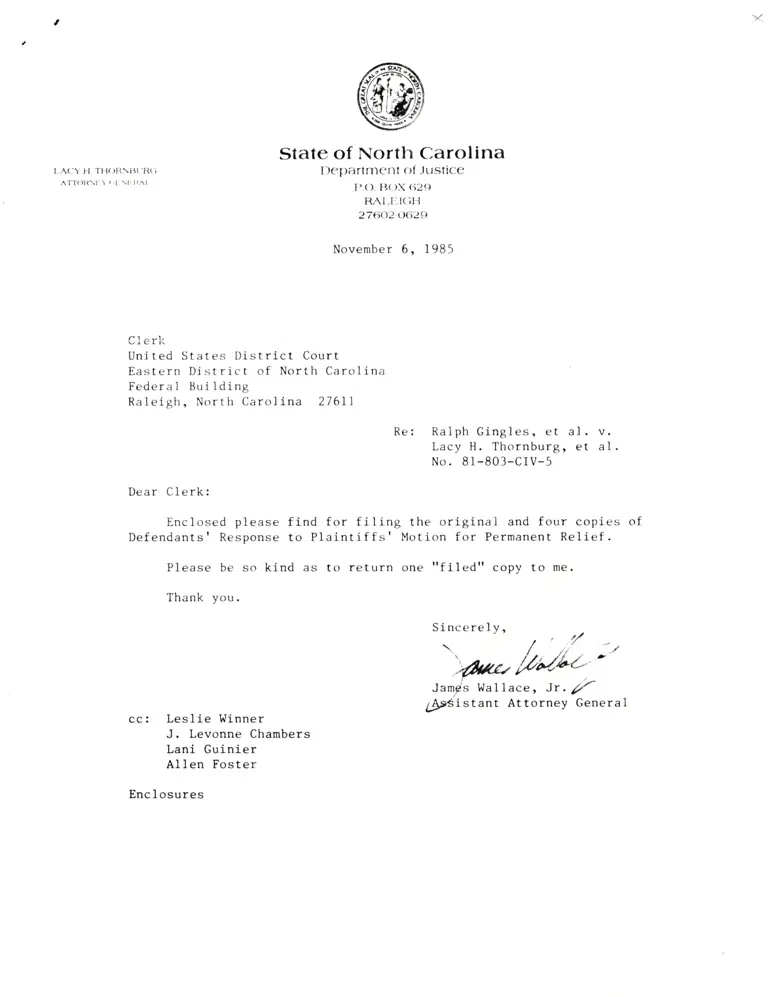 Correspondence from Wallace to Clerk; Defendants' Response to Plaintiffs' Motion for Permanent Relief preview