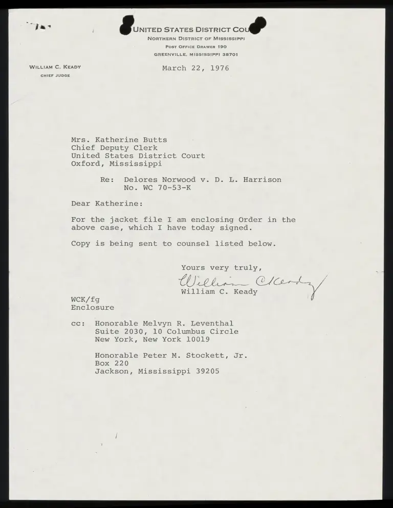 Correspondence from Judge Keady to Clerk Re: Signed Order preview