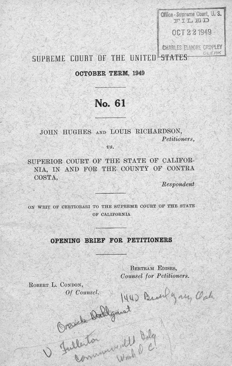 Hughes v. Superior Court of California in Contra Costa County Opening Brief for Petitioners preview