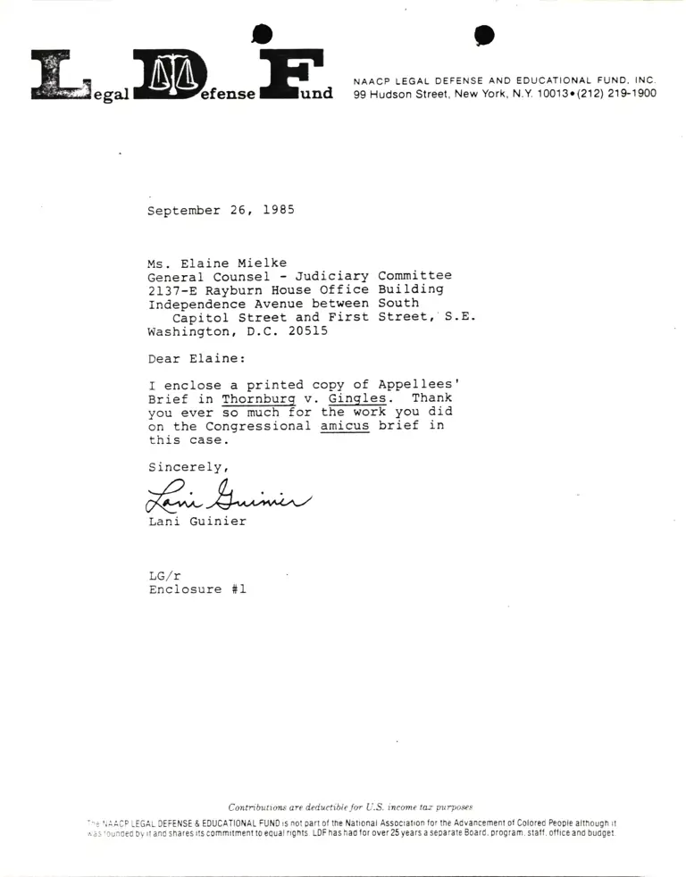Correspondence from Lani Guinier to Elaine Mielke Re Thornburg v. Gingles preview