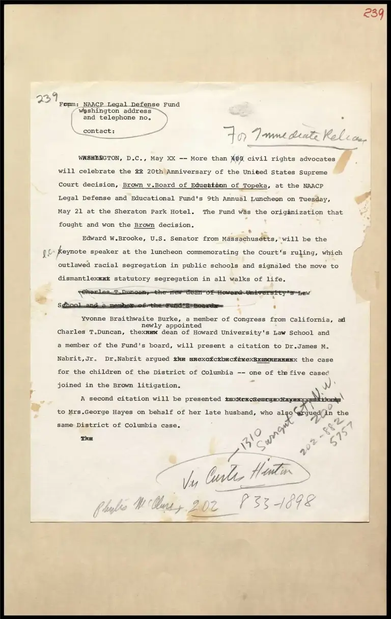 Annotated Announcement of 20th Anniversary of Brown v. Board of Education Celebration at LDF Institute preview