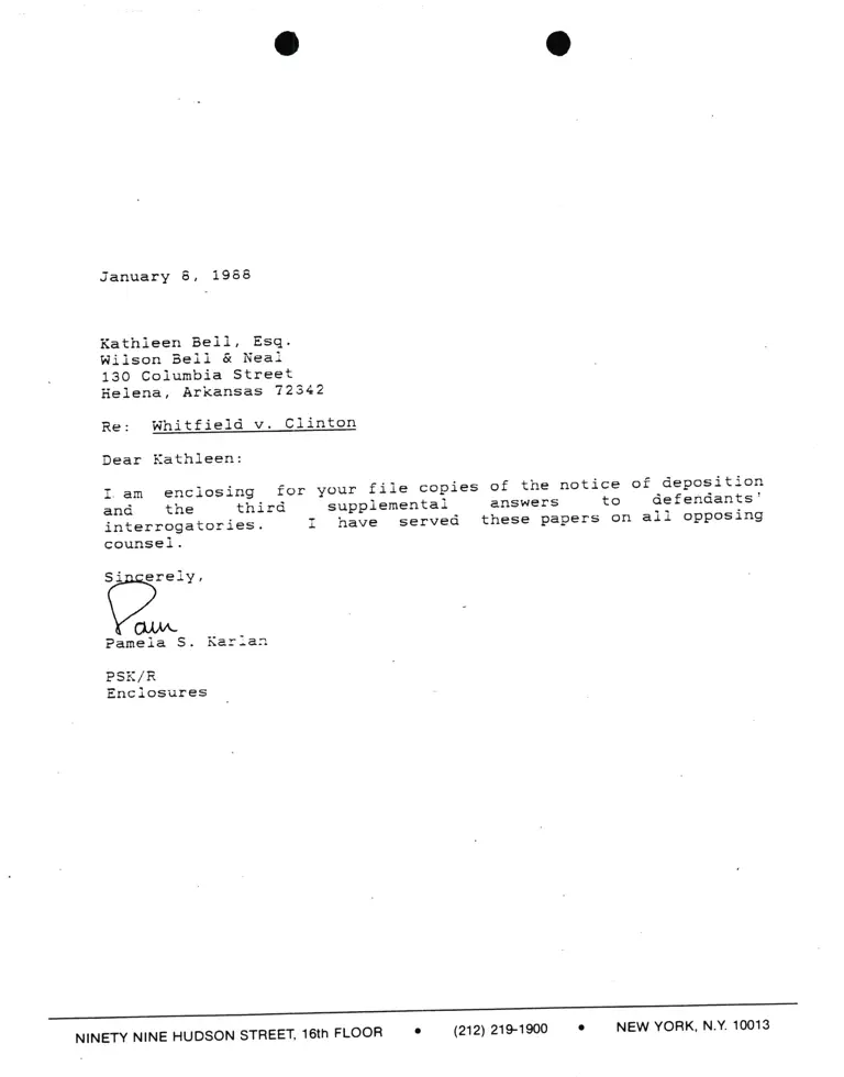 Correspondence from Pamela Karlan to Kathleen Bell, Esq. Re Whitfield v. Clinton preview