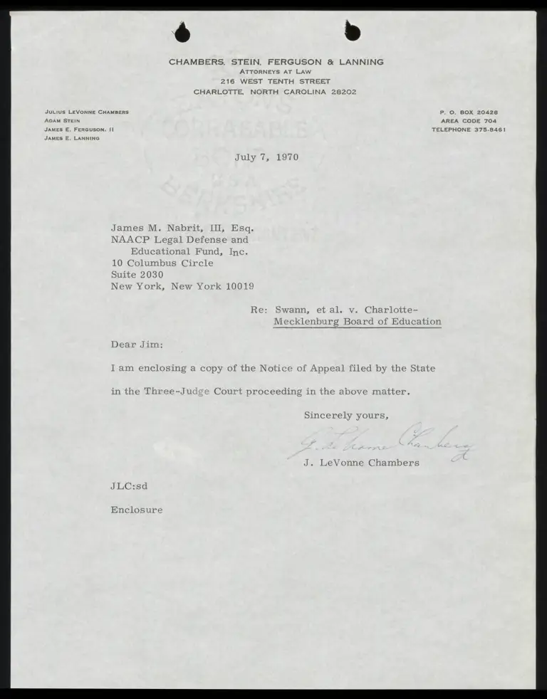 Correspondence from Chambers to Nabrit Re: Notice of Appeal preview
