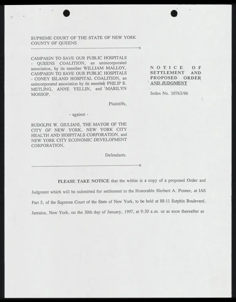 Notice of Settlement and Proposed Order and Judgment preview