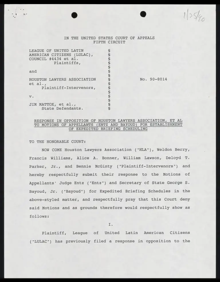 Response in Opposition to HLA to Motions of Appellants (Entz and Bayoud) for Establishment of Expedited Briefing Scheduling preview