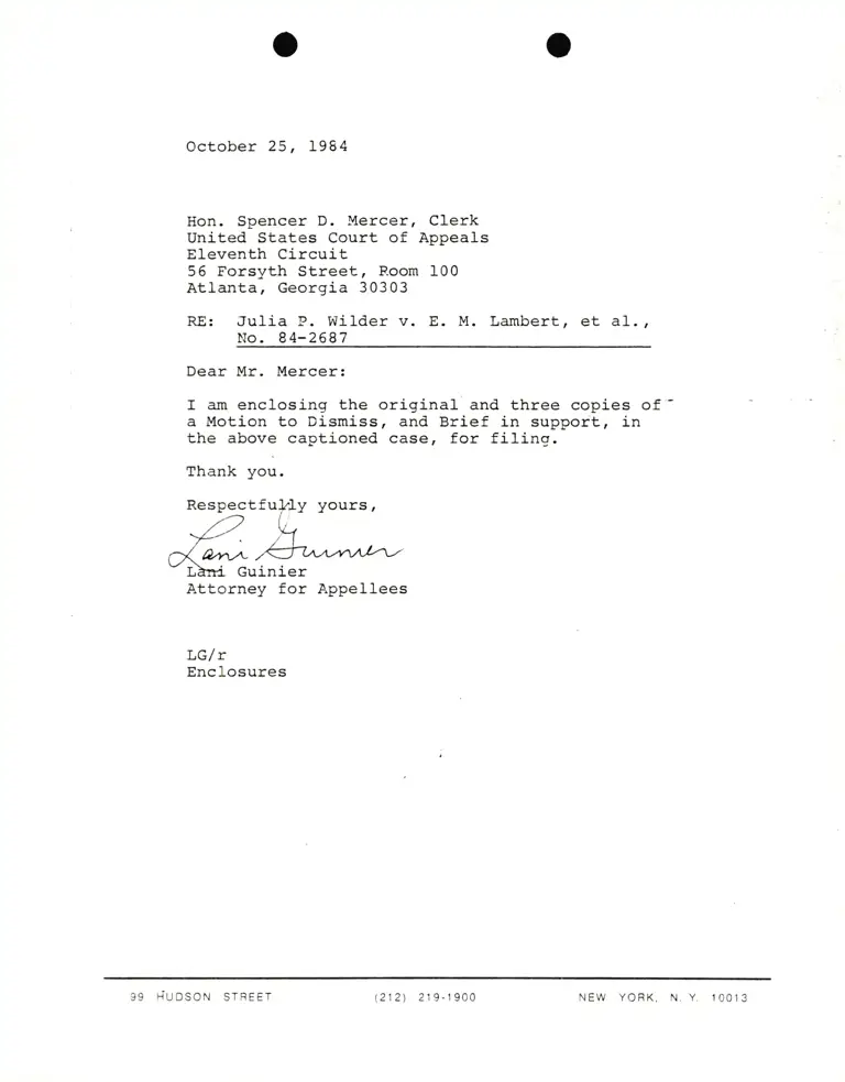 Letter from Lani Guinier to Hon. Spencer Mercer RE: Julia P. Wilder v E. M. Lambert, et al. preview