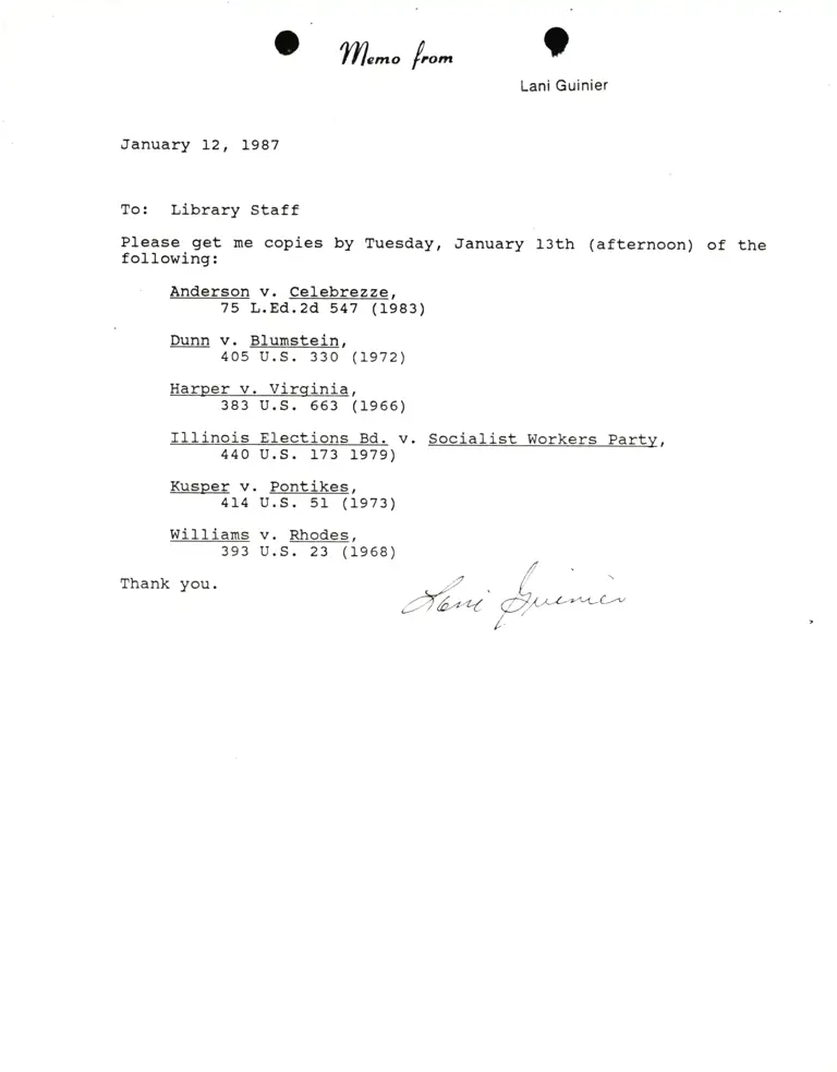 Memorandum from Lani Guinier to Library Staff preview