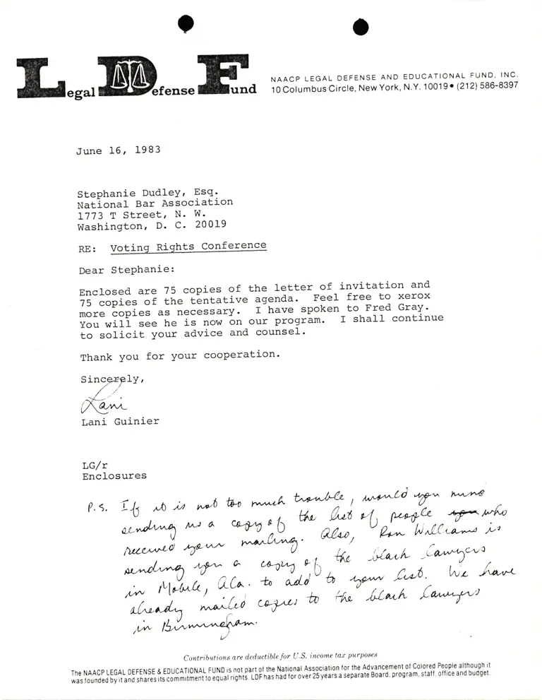 Correspondence from Lani Guinier to Stephanie Dudley, Esq. Re Voting Rights Conference preview