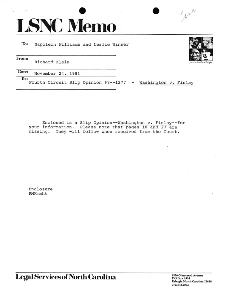 Memorandum from Klein to Williams and Winner; Washington v. Finlay Order to Dismiss preview