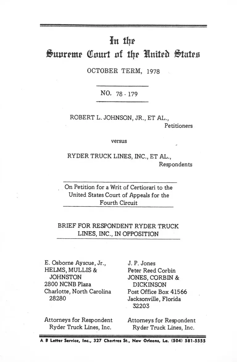 Johnsons Jr., v. Ryder Truck Lines, Inc. Brief for Respondent in Opposition preview