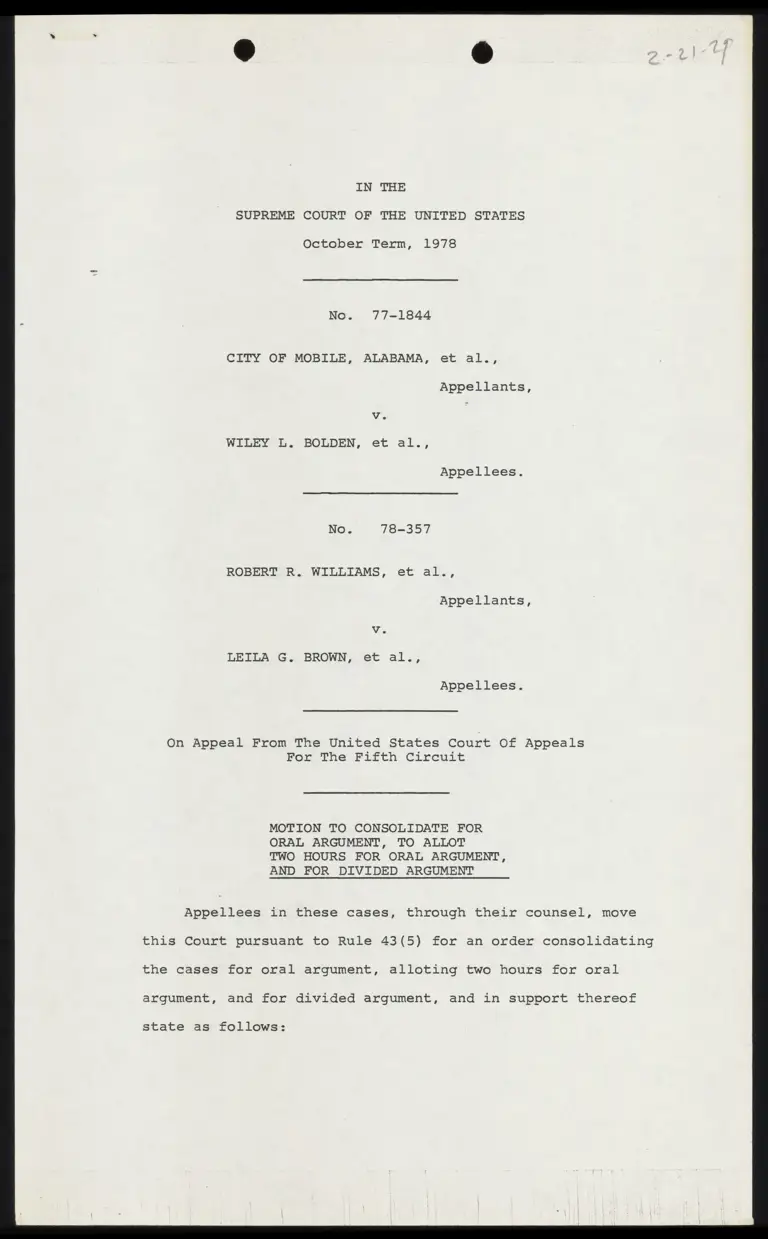 Motion to Consolidate for Oral Argument; Correspondence from Rhyne to Schnapper preview